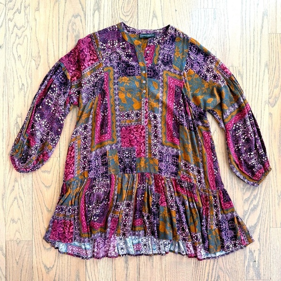 Dresses & Skirts - Common Collection Patchwork Bohemian Long Sleeve Dress in Multicolor Size Small